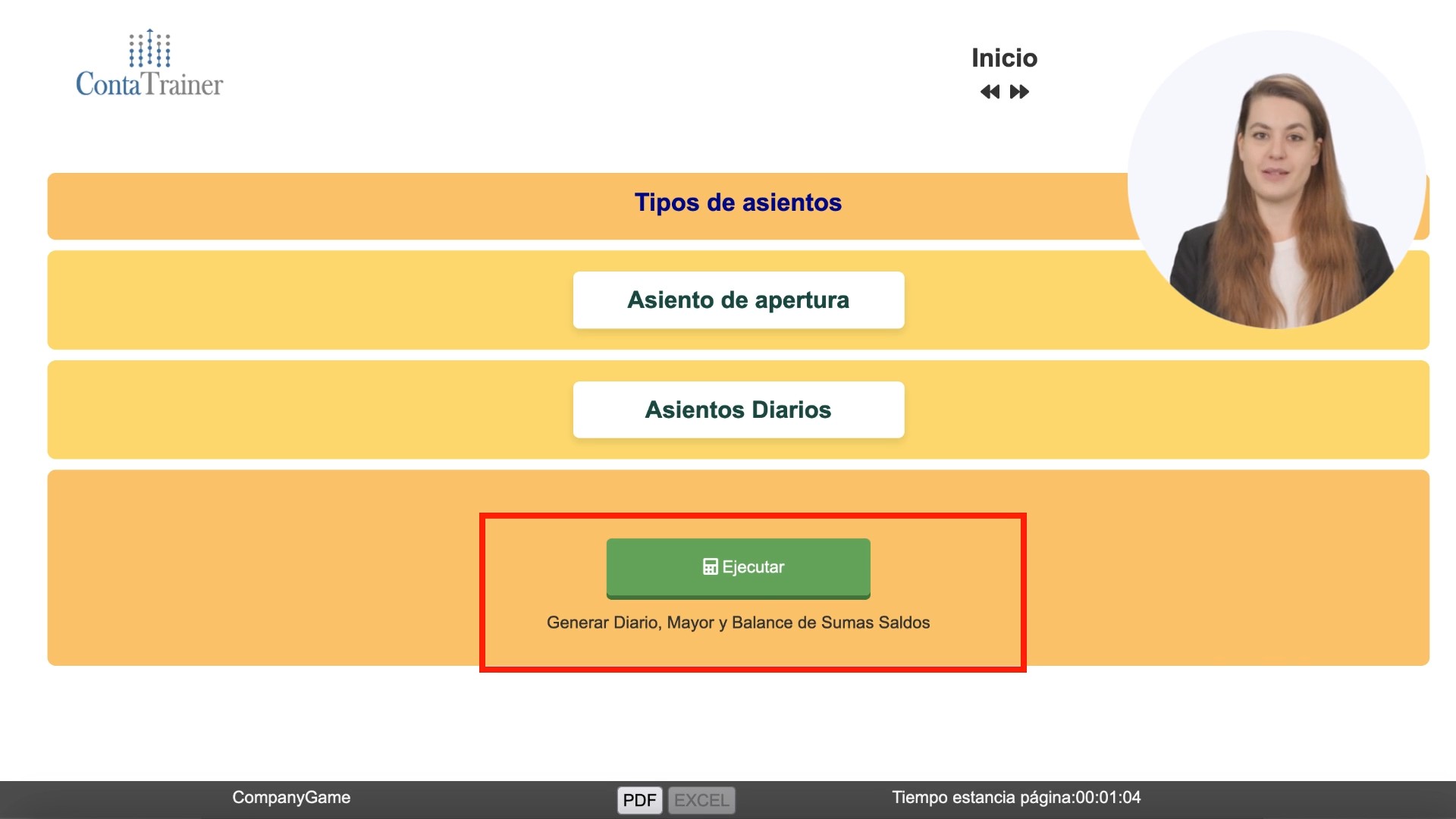 Actividades — Tipos de asiento y botón Ejecutar
